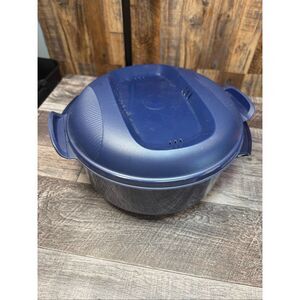 Tupperware Microwave Steamer 3 Qt Blue Round Cooker Bowl Lid 2 piece